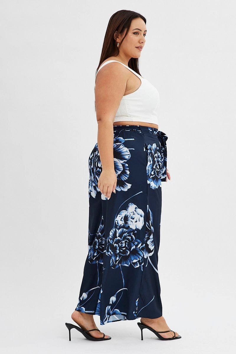 Fitted Style On The Go Blue Abstract Wideleg Pants Tie Waist Crepe