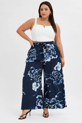 Light Coverage Blue Abstract Wideleg Pants Tie Waist Crepe