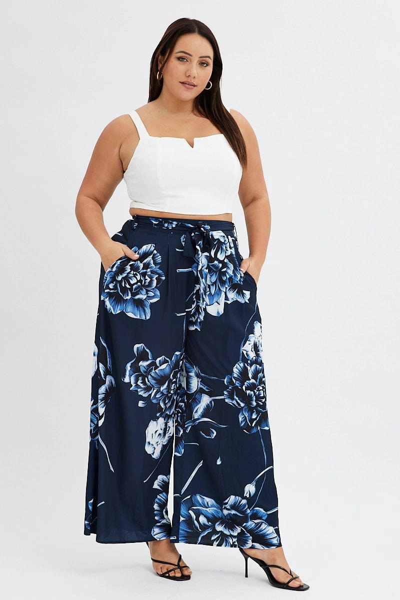 Cozy Movement Blue Abstract Wideleg Pants Tie Waist Crepe