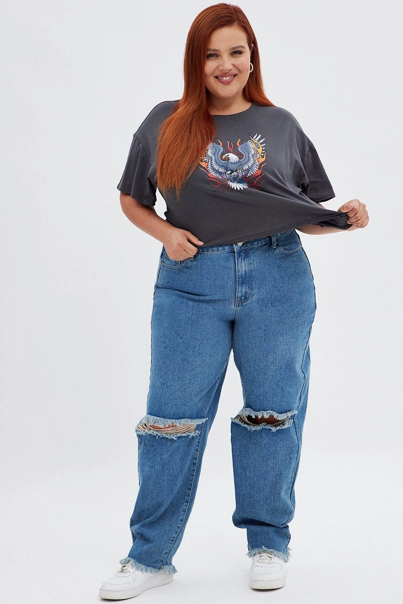 Blue Baggy Denim Jeans High Rise Night Out Bold Look Reinforced Stitching Details