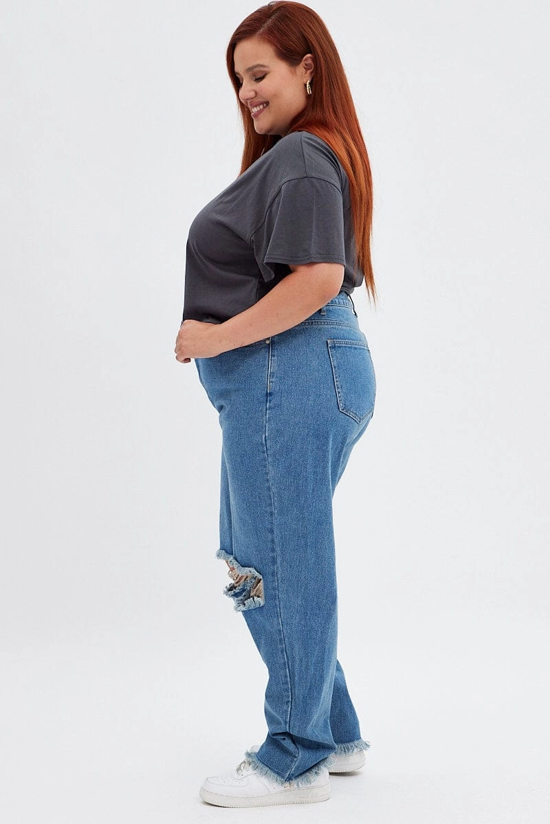 Natural Fit Blue Baggy Denim Jeans High Rise
