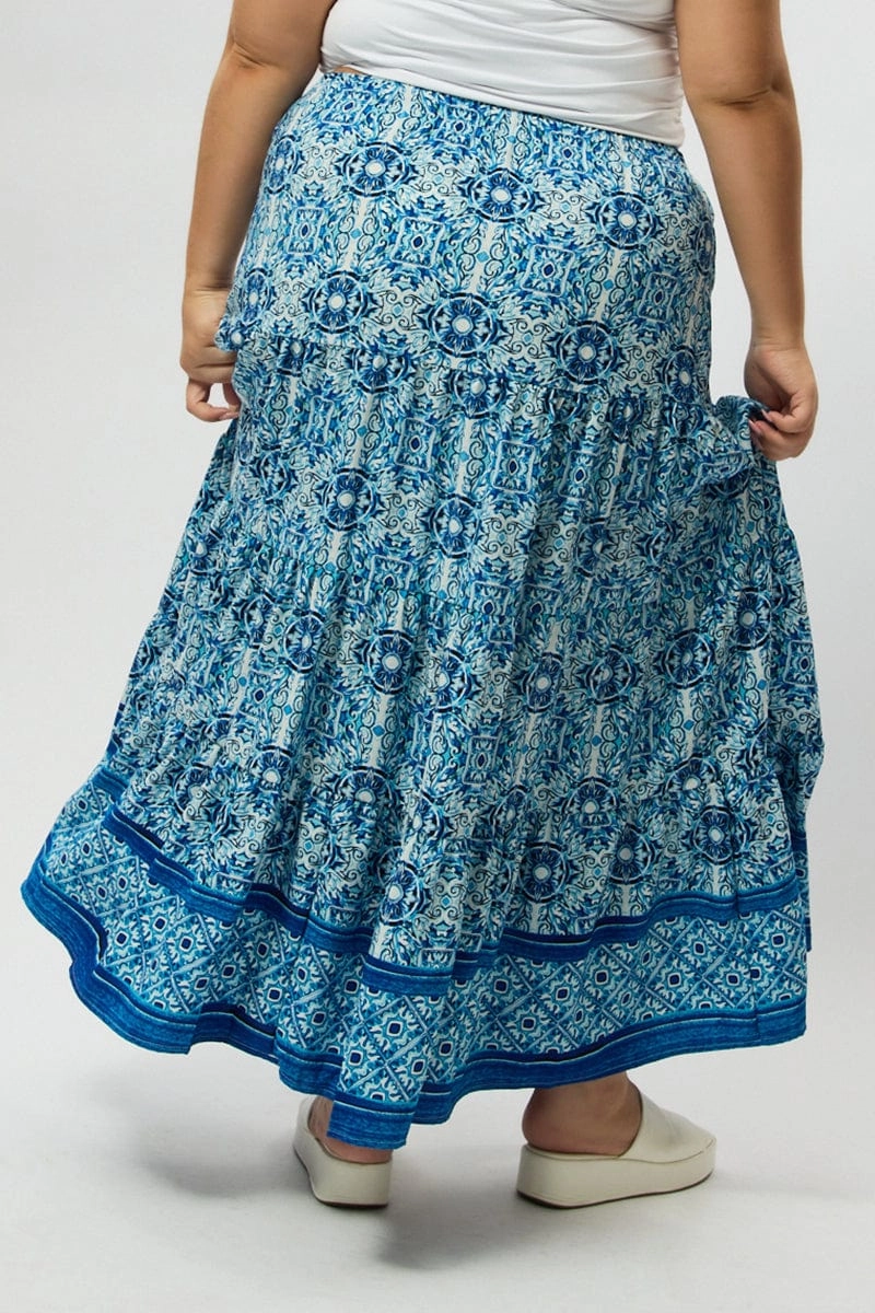 City Mood Blue Boho Elastic Waist Border Print Tiered Maxiskirt