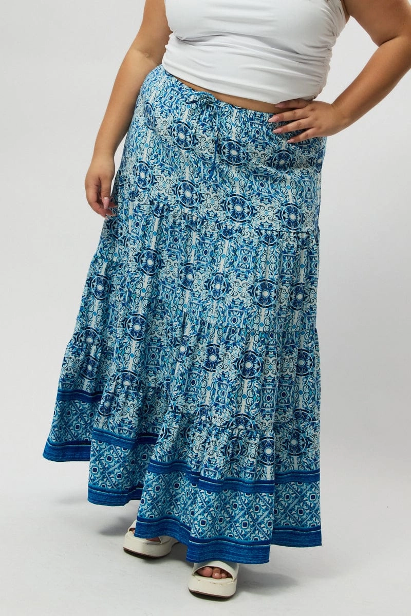 Blue Boho Elastic Waist Border Print Tiered Maxiskirt Balanced Outfit