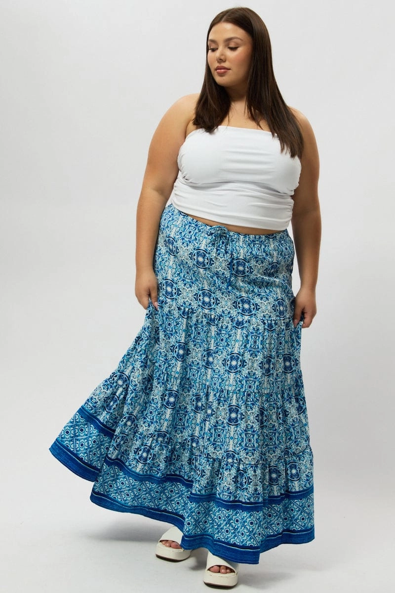 Media Feature Blue Boho Elastic Waist Border Print Tiered Maxiskirt