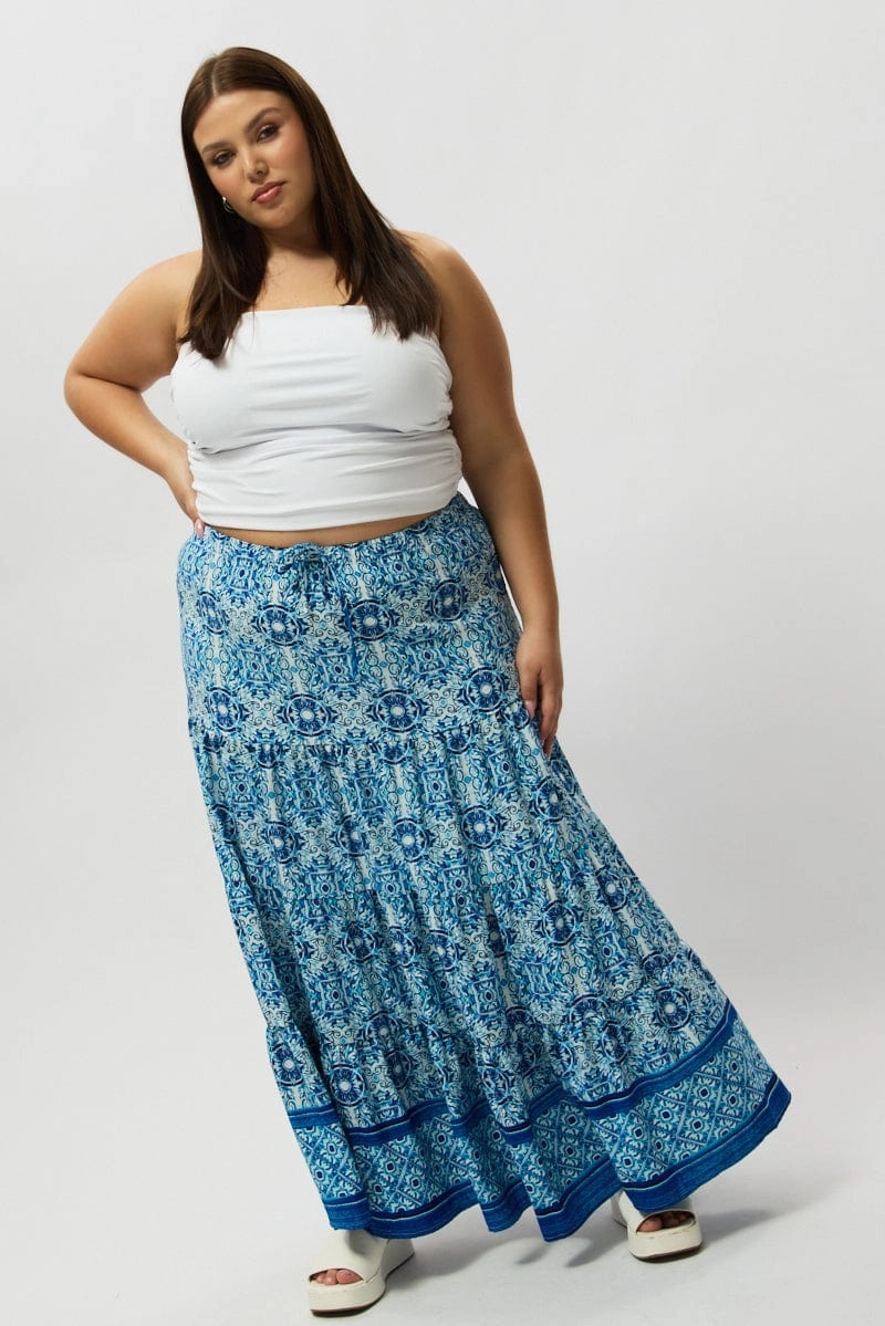 Blue Boho Elastic Waist Border Print Tiered Maxiskirt Machine washable Outfit Flow