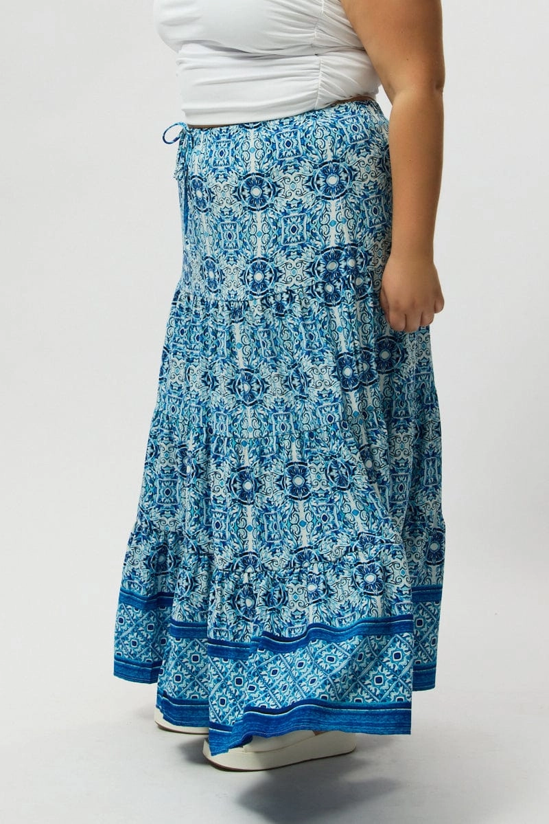 Blue Boho Elastic Waist Border Print Tiered Maxiskirt Glamorous Appeal Outfit Flow
