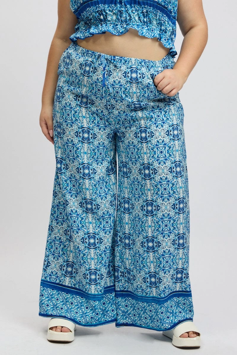 Tight Fit FlameRetardantTreatment Blue Boho Elastic Waist Border Print Wide Leg Pants