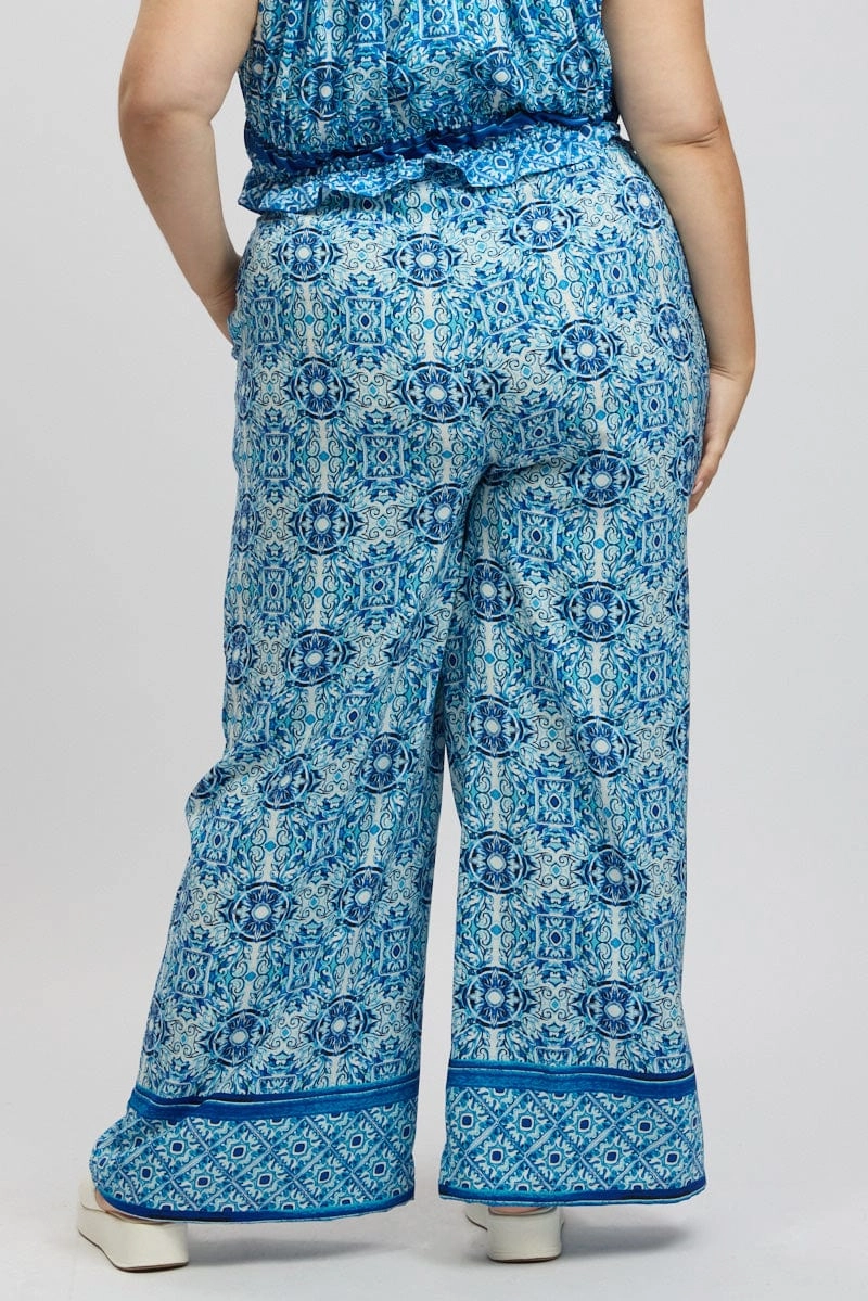 Blue Boho Elastic Waist Border Print Wide Leg Pants Stylish Wear WindproofLayer