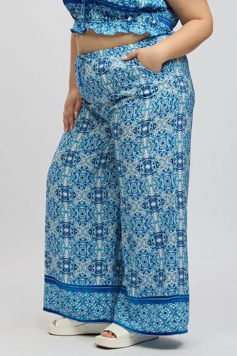 Blue Boho Elastic Waist Border Print Wide Leg Pants Sustainable Material Blend Cuffed hem