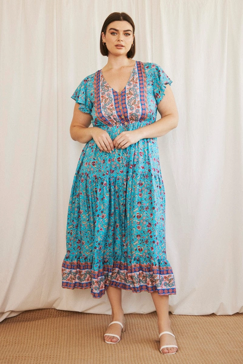 Travel-Essential Blue Boho Maxi Dress Short Sleeve V-neck Tiered