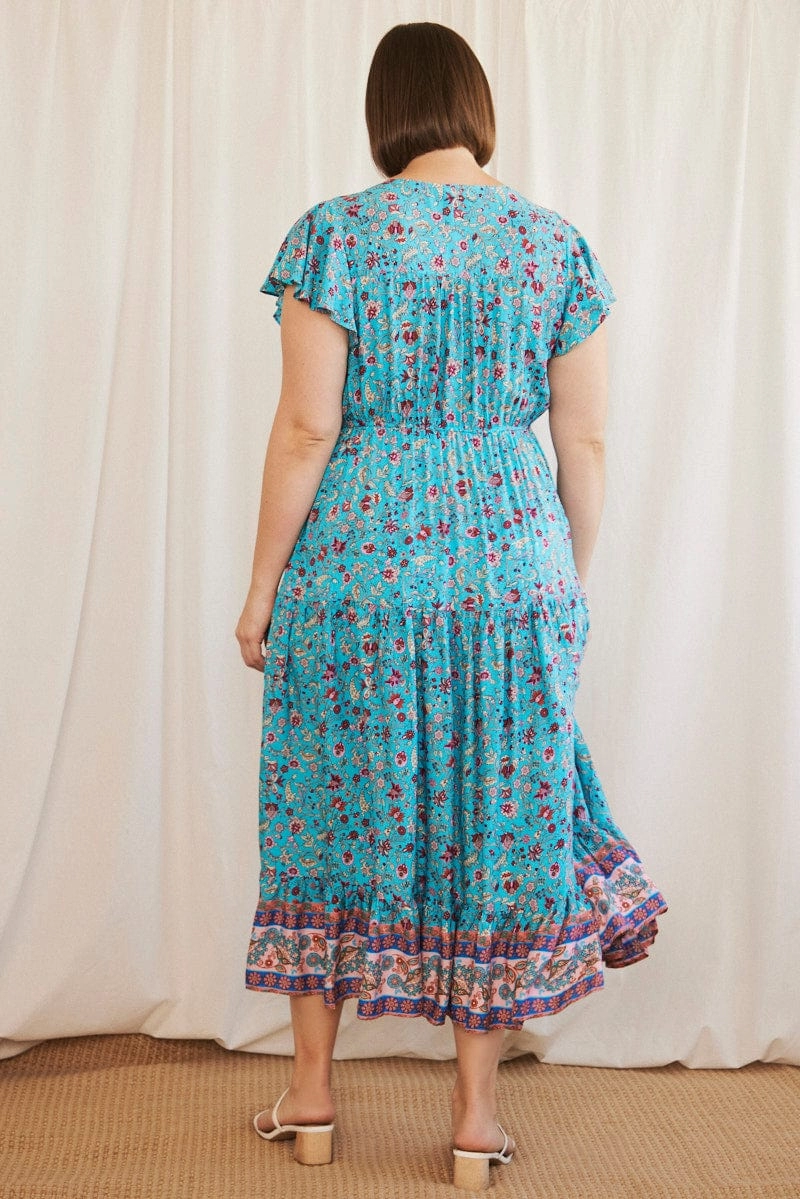 Blue Boho Maxi Dress Short Sleeve V-neck Tiered Occasion Wear Layering-Piece