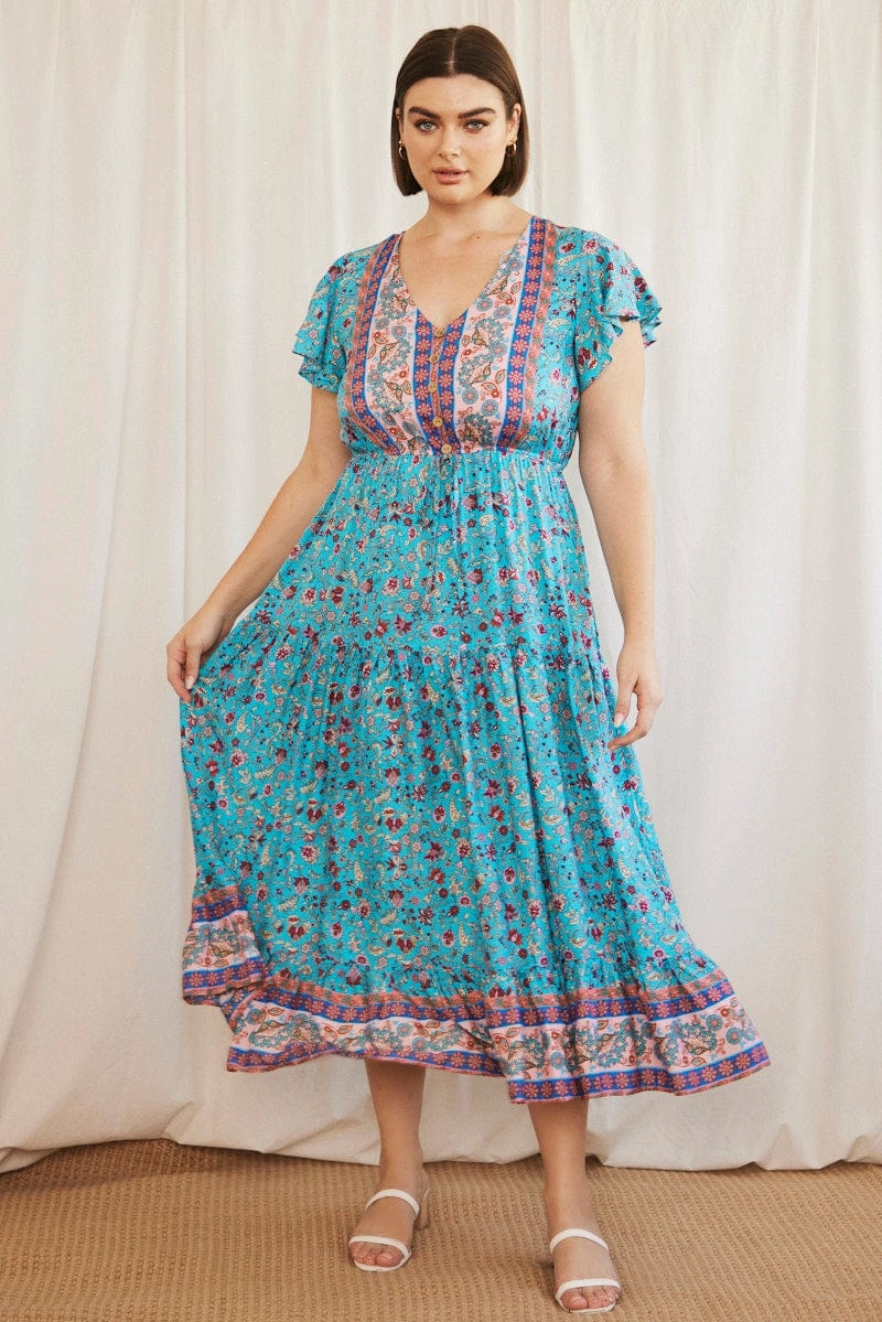Blue Boho Maxi Dress Short Sleeve V-neck Tiered Vintage-Inspired
