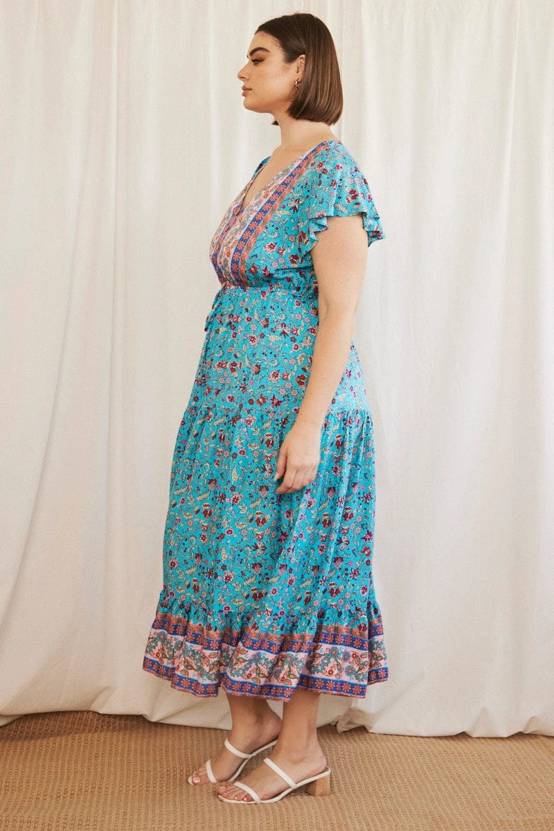 Light Silhouette Blue Boho Maxi Dress Short Sleeve V-neck Tiered
