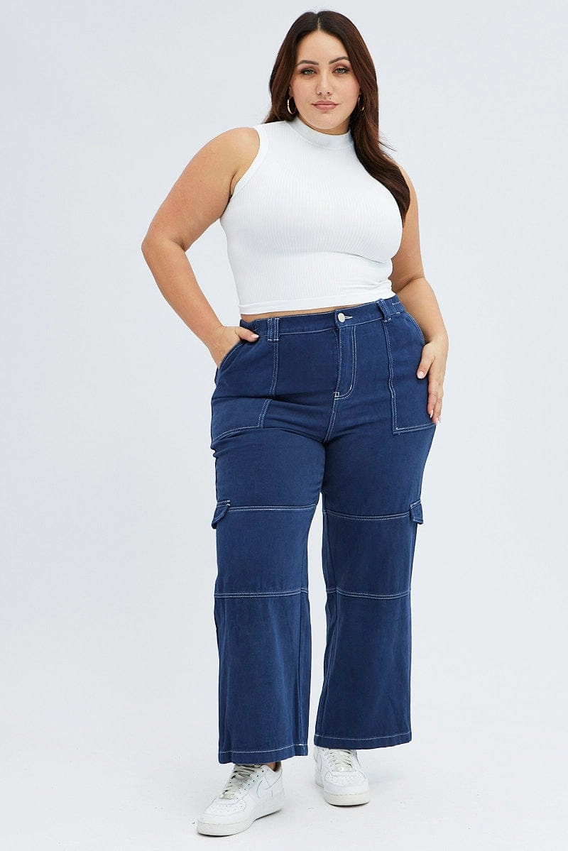 Lightweight Denim Blue Cargo Denim Jeans High Rise