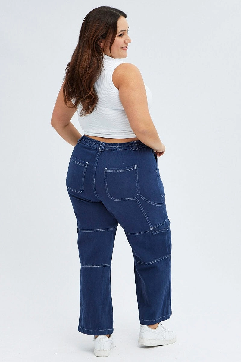 Blue Cargo Denim Jeans High Rise Shopping Day Vibrant