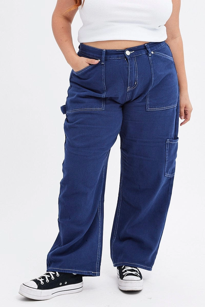 Fashion Lover Versatile Layer Friendly Piece Blue Cargo Jeans Out Pocket