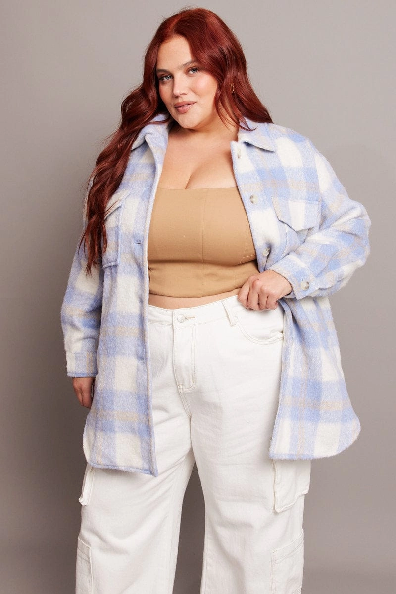 Softshell Fabric Blue Check Check Shacket Long Sleeve