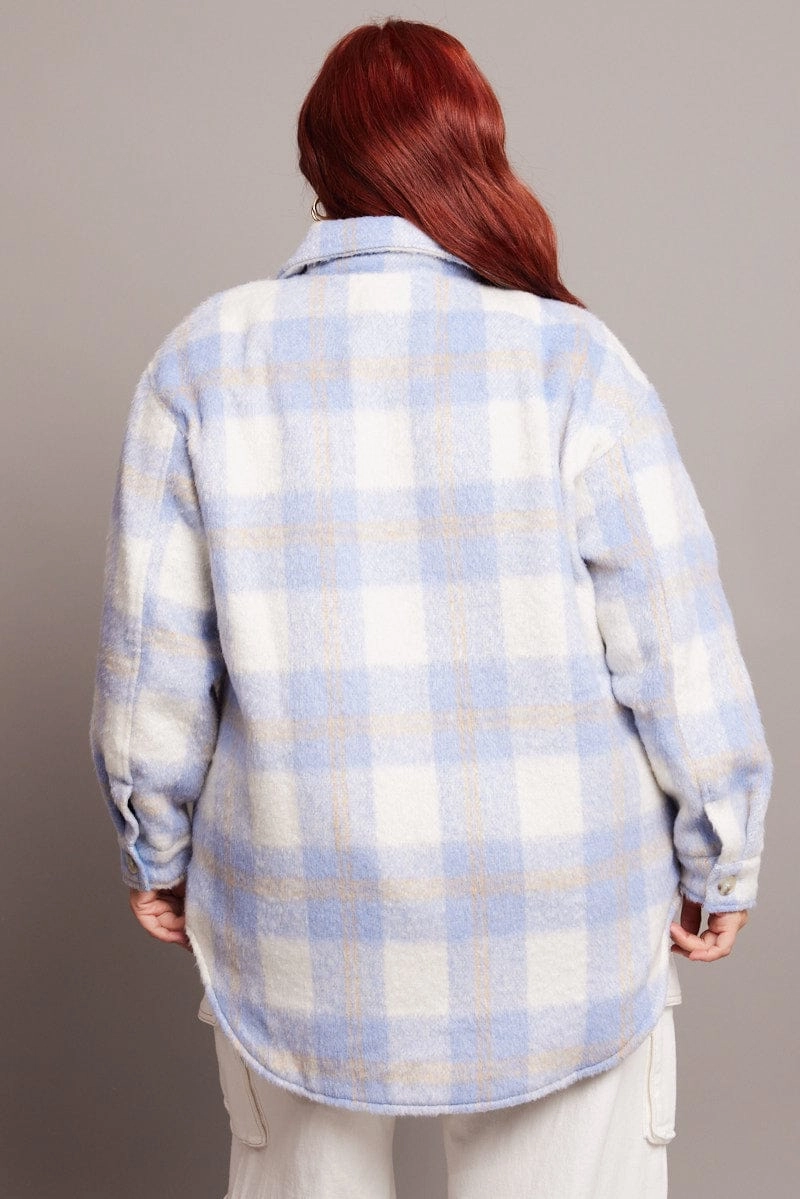 Blue Check Check Shacket Long Sleeve Notch Lapel