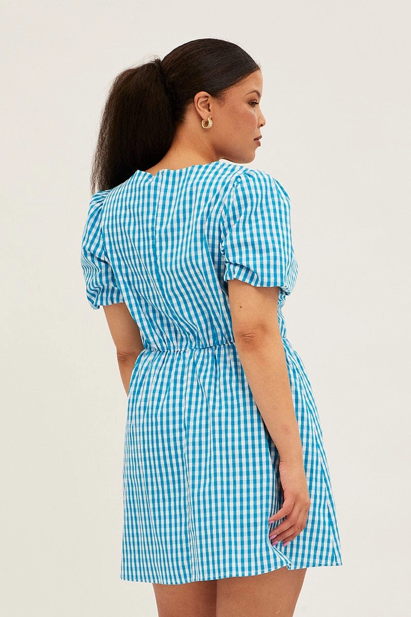 Church Proper Simple Shape Blue Check Midi Dress Short Puff Sleeve V-neck Gingham