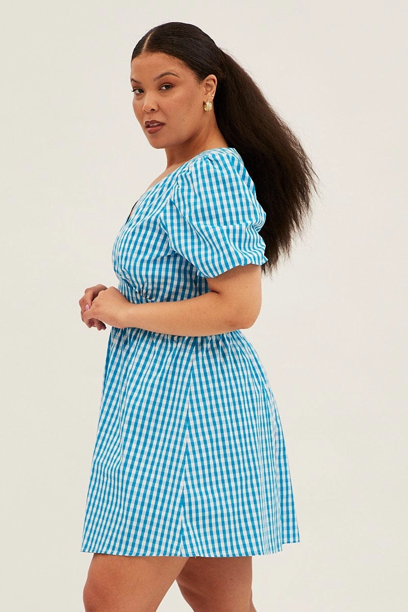Stylish Vibe Blue Check Midi Dress Short Puff Sleeve V-neck Gingham