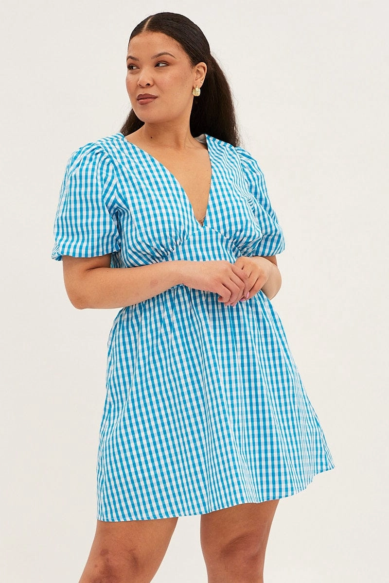 Chic Statement Blue Check Midi Dress Short Puff Sleeve V-neck Gingham