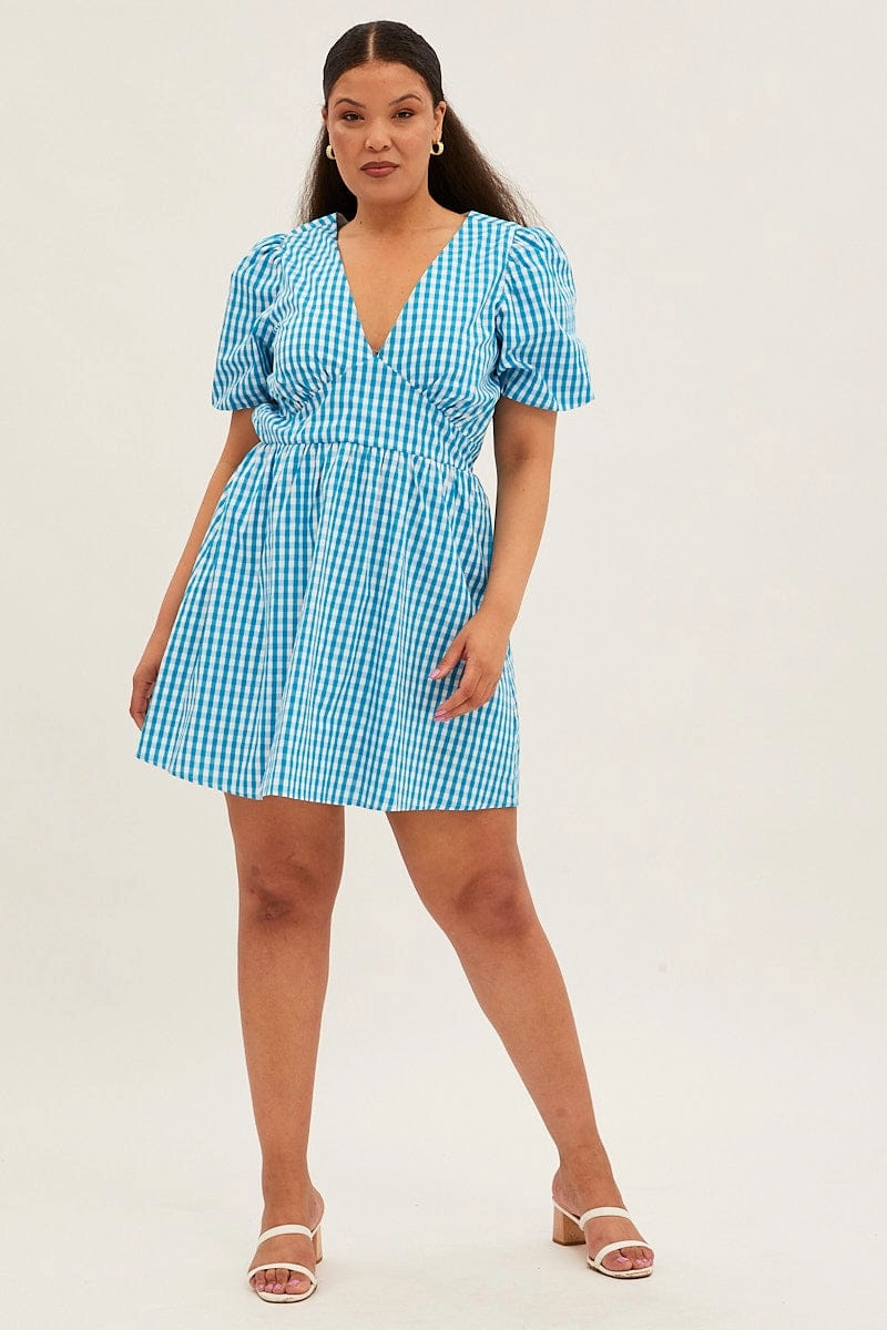 Layered Texture Blue Check Midi Dress Short Puff Sleeve V-neck Gingham