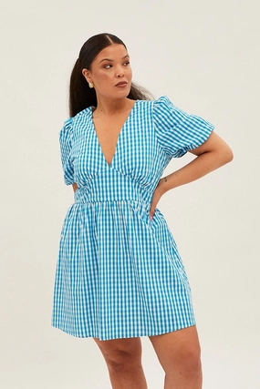Soft Detail Stylish Vibe Blue Check Midi Dress Short Puff Sleeve V-neck Gingham