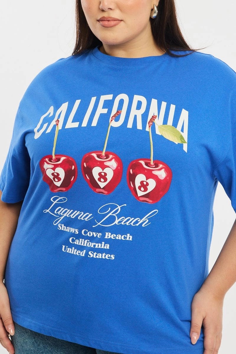 Cozy Waist Round neck simplicity Blue Cherry Tee Short Sleeve