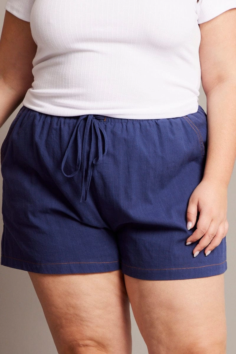 Blue Contrast Stitch Drawstring Cotton Shorts Trend Essential
