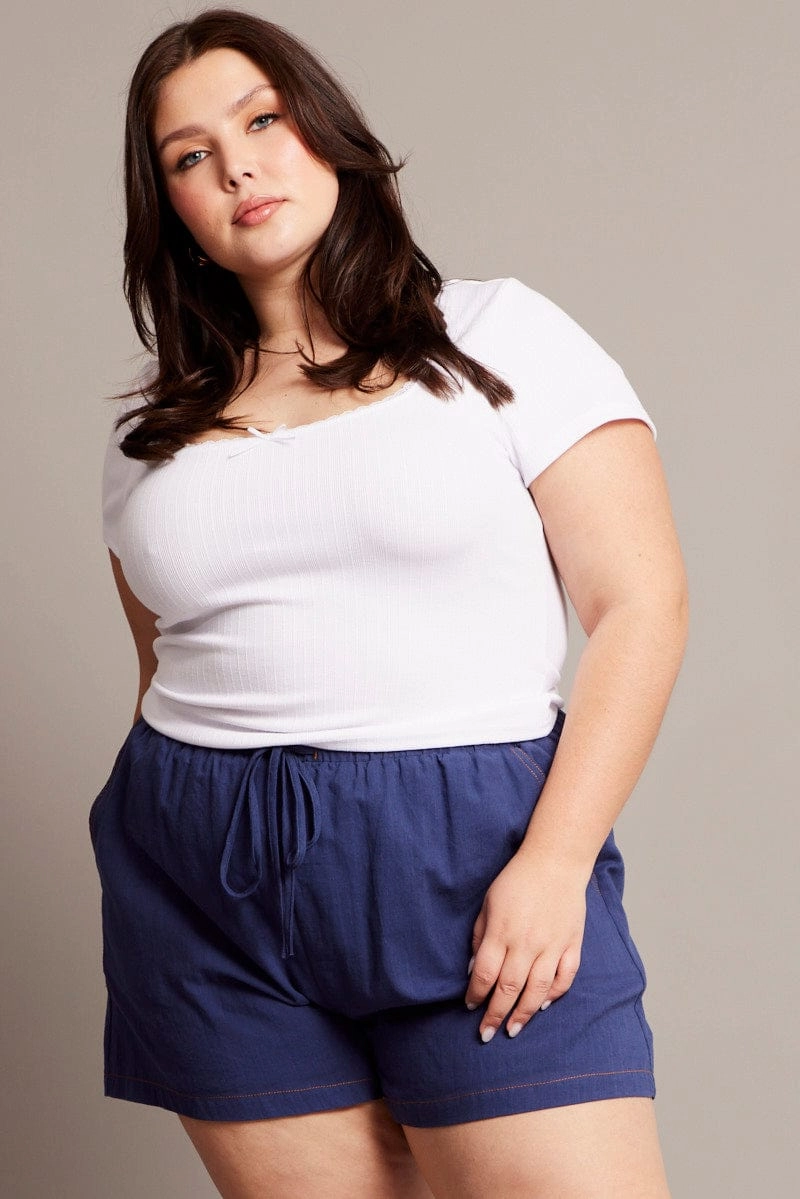 Blue Contrast Stitch Drawstring Cotton Shorts Four Way Stretch Fabric
