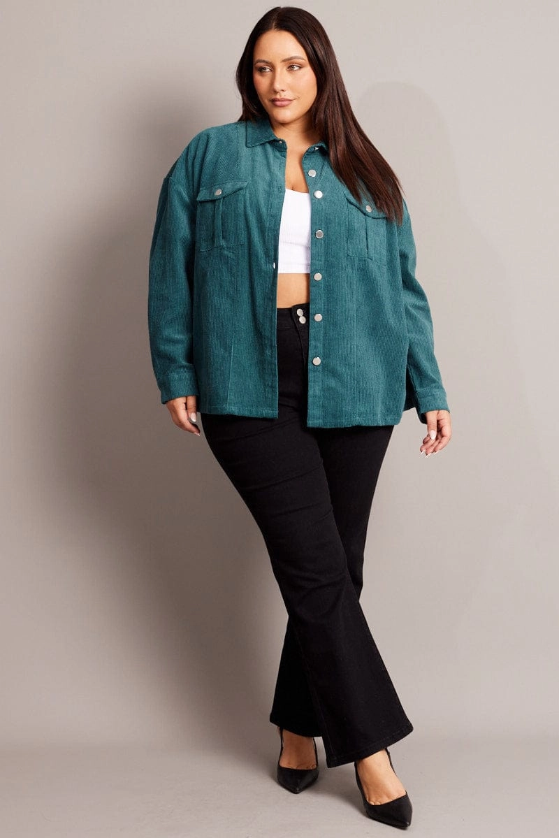 MeshLinedVents Multi Pocket Blue Cord Longline Shacket