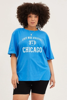 LayeringFriendly Blue Crew Neck Short Sleeve Oversized Graphic T-shirt
