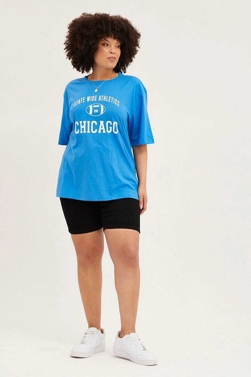Blue Crew Neck Short Sleeve Oversized Graphic T-shirt Breathable Wearable Picnic