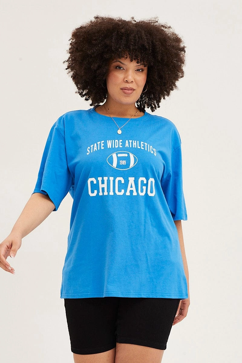 Blue Crew Neck Short Sleeve Oversized Graphic T-shirt Casual Layering Wear