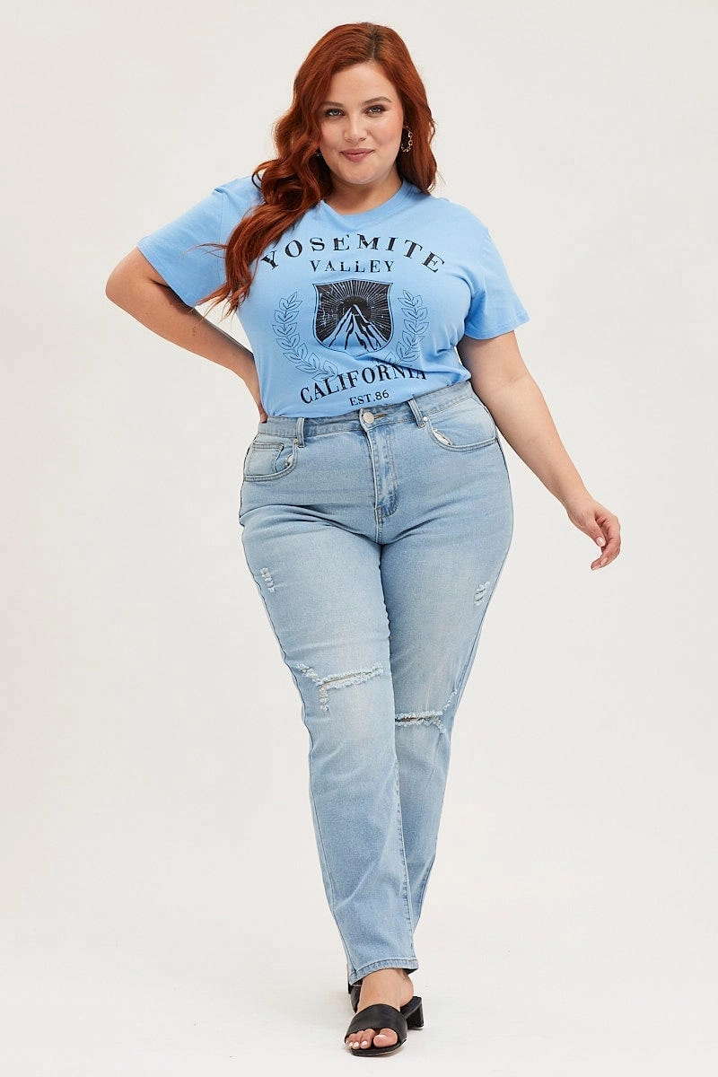 Blue Crop T-shirt Mountain Short Sleeve Cotton Semi Multi Panel Design