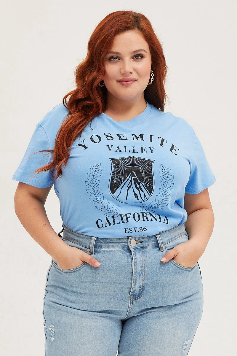 Blue Crop T-shirt Mountain Short Sleeve Cotton Semi Basic Wear Comfy Vibe