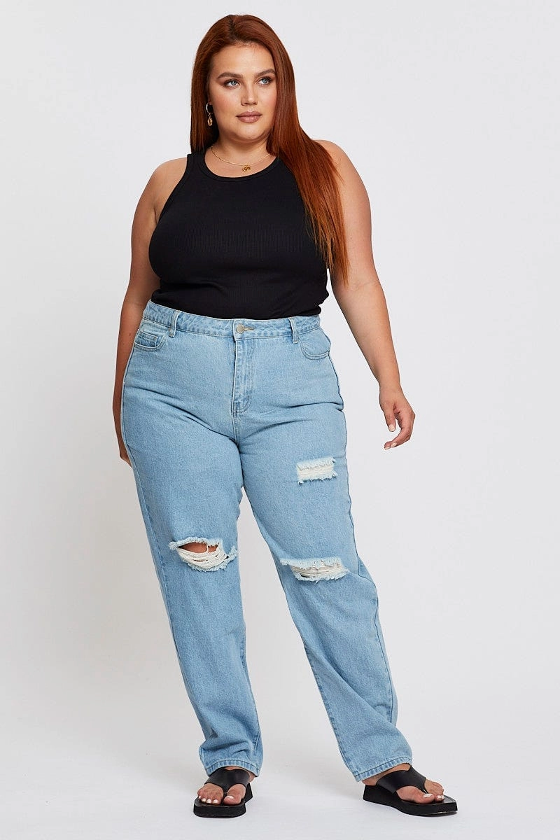 Minimal Edge Clean Silhouette Blue Denim Jean High Rise Distressed Straight Leg