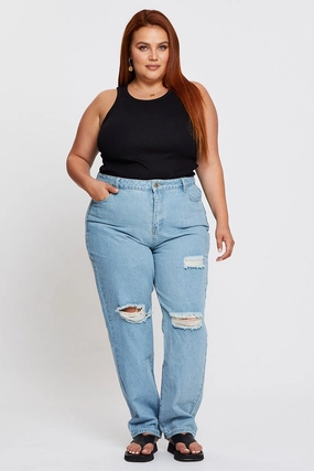 Timeless Look Relaxed Style Lightweight Durable Blue Denim Jean High Rise Distressed Straight Leg