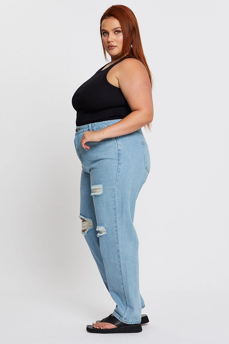 Blue Denim Jean High Rise Distressed Straight Leg Comfortable Edge Everyday Shopping Day