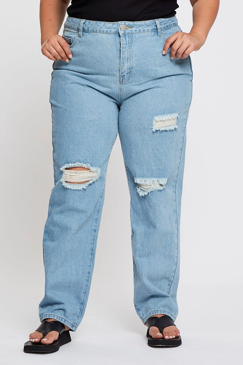 All Round Piece Ready For All Blue Denim Jean High Rise Distressed Straight Leg