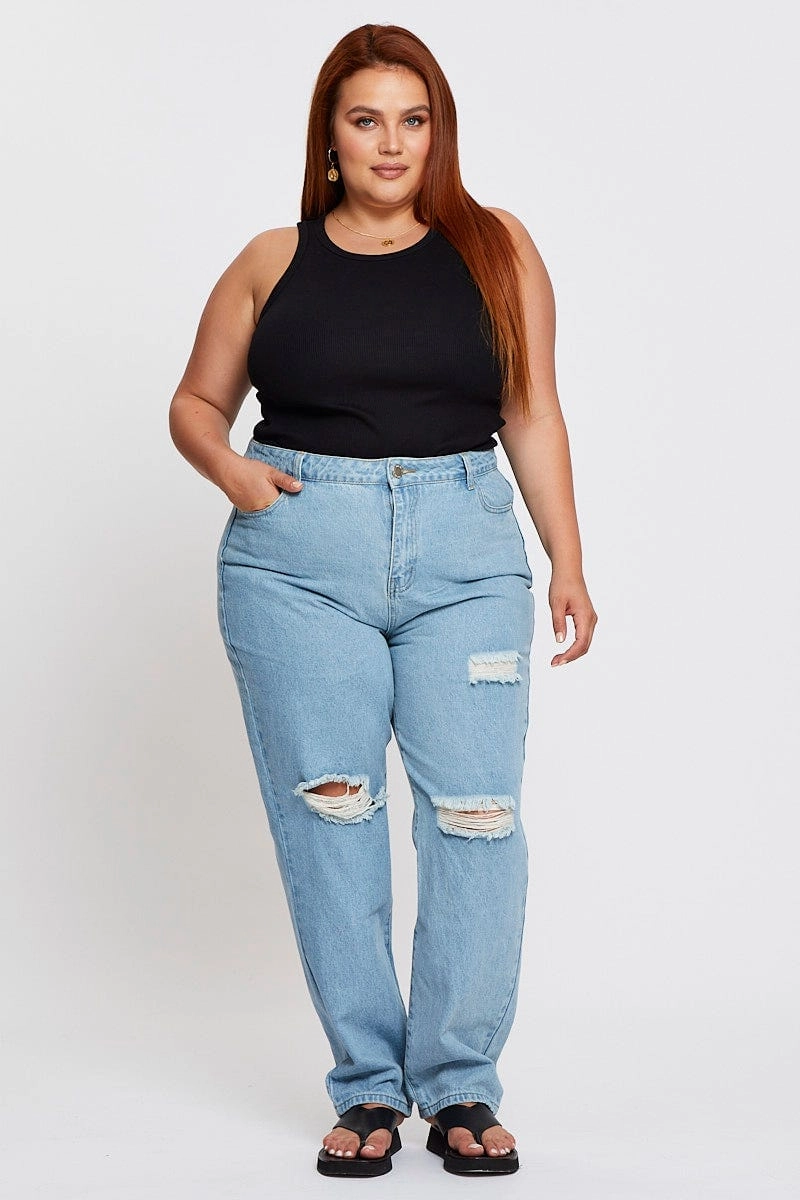 Timeless Look Relaxed Style Lightweight Durable Blue Denim Jean High Rise Distressed Straight Leg