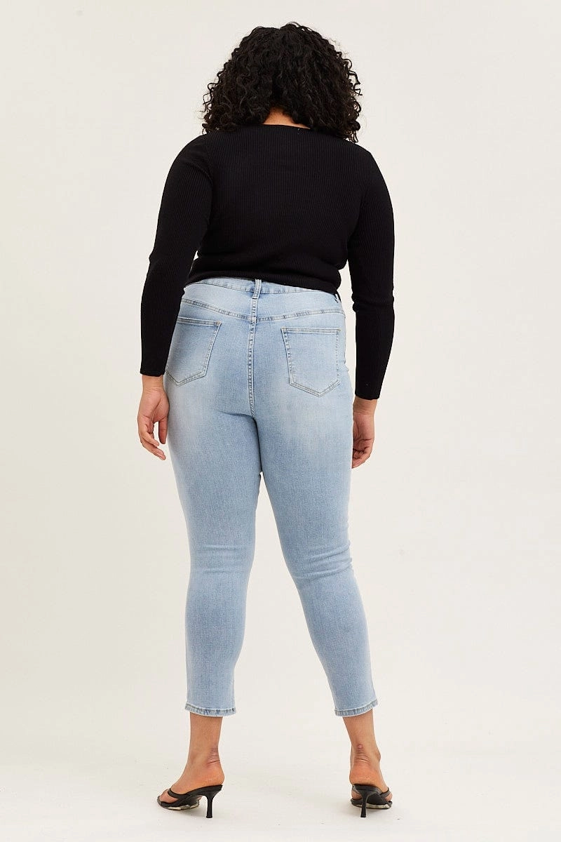 Blue Denim Jean High Rise One Slash Knee Skinny fade resistant color Sustainable Road Trip
