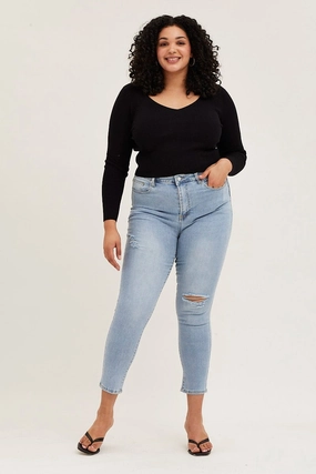 Stylish Casual Evening Stroll Blue Denim Jean High Rise One Slash Knee Skinny