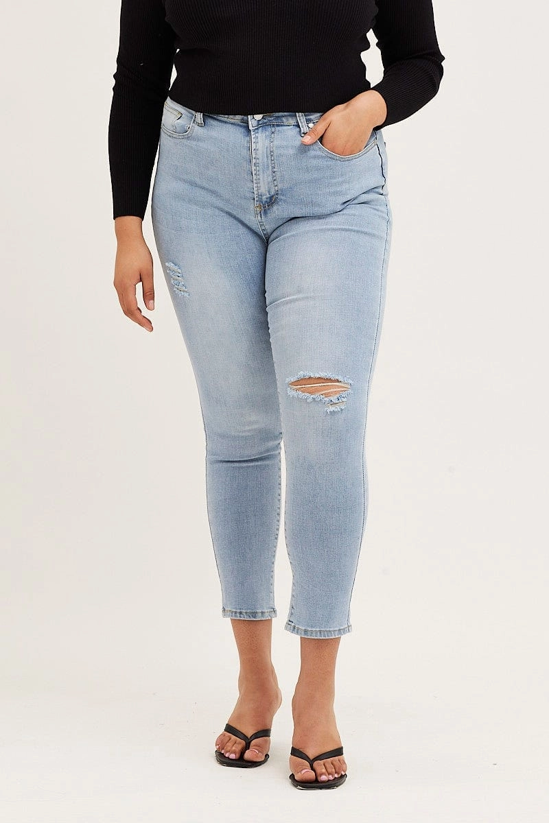 Blue Denim Jean High Rise One Slash Knee Skinny Loose Modern Minimalist