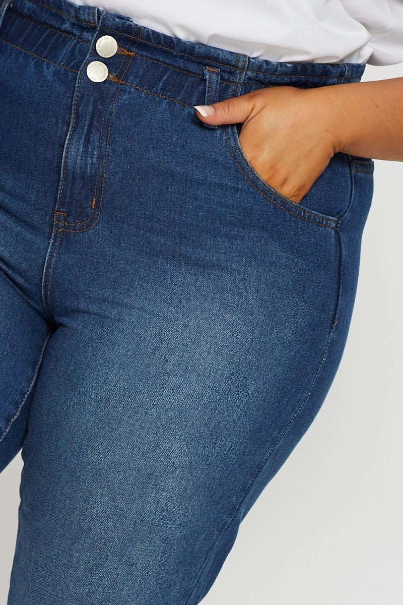 Modern Youth Style Party Look Blue Denim Jean High Rise Paperbag Boyfriend