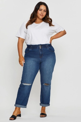 Blue Denim Jean High Rise Paperbag Boyfriend Day Off Fit Couple Look Smooth