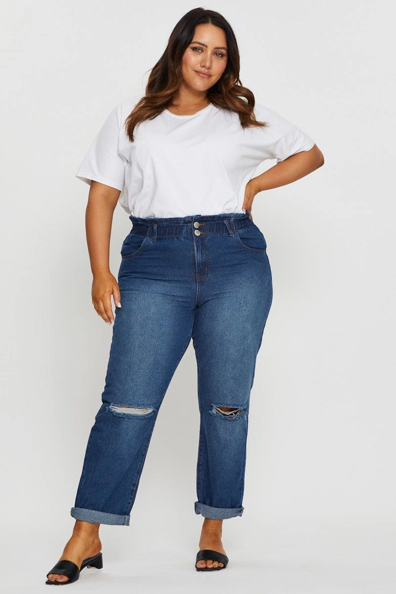 Blue Denim Jean High Rise Paperbag Boyfriend Day Off Fit Couple Look Smooth