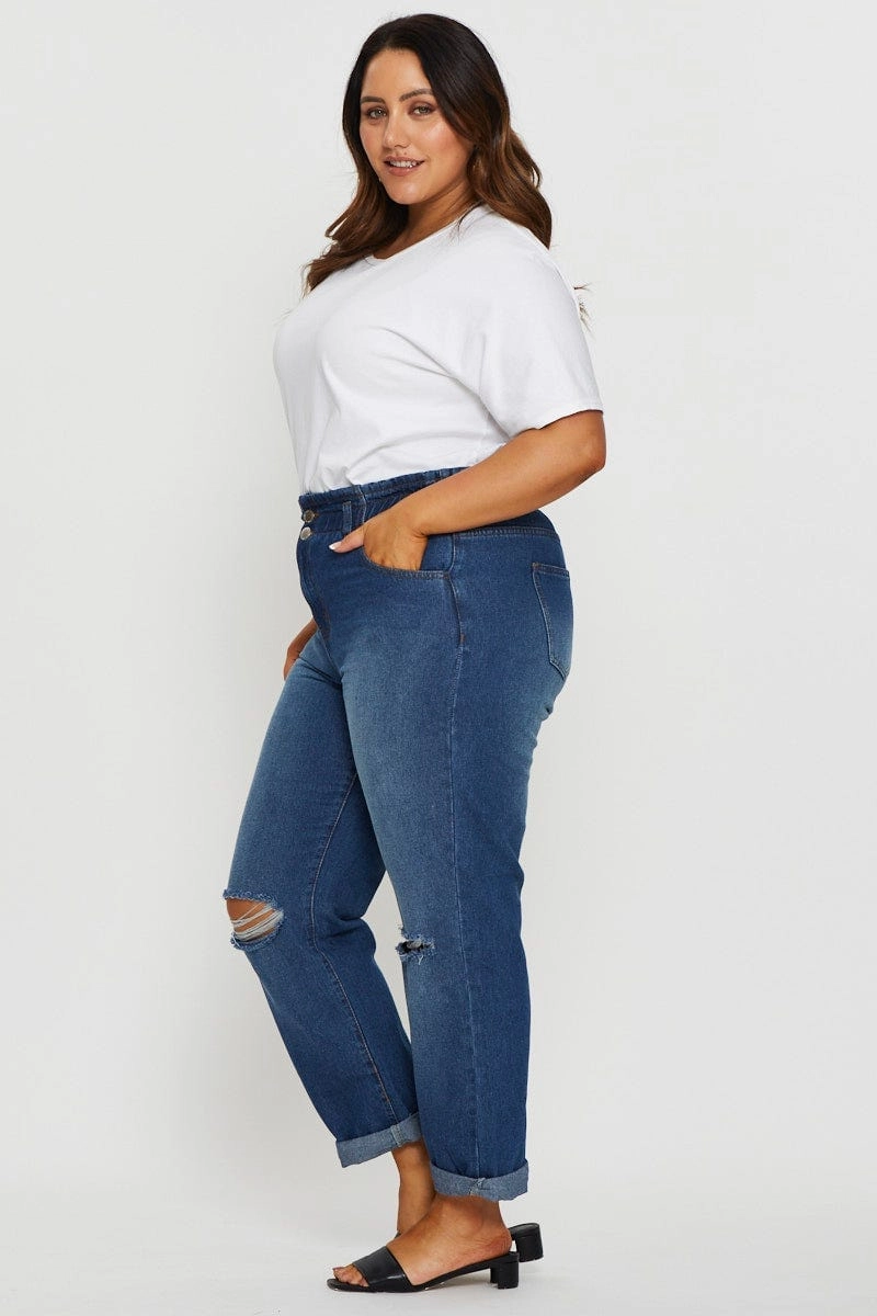 High Durability Thread Blue Denim Jean High Rise Paperbag Boyfriend