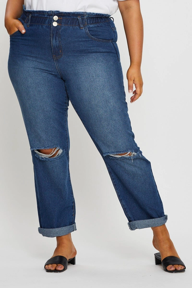 Blue Denim Jean High Rise Paperbag Boyfriend Flexible Fit Travel Outfit Student Outfit Lightweight
