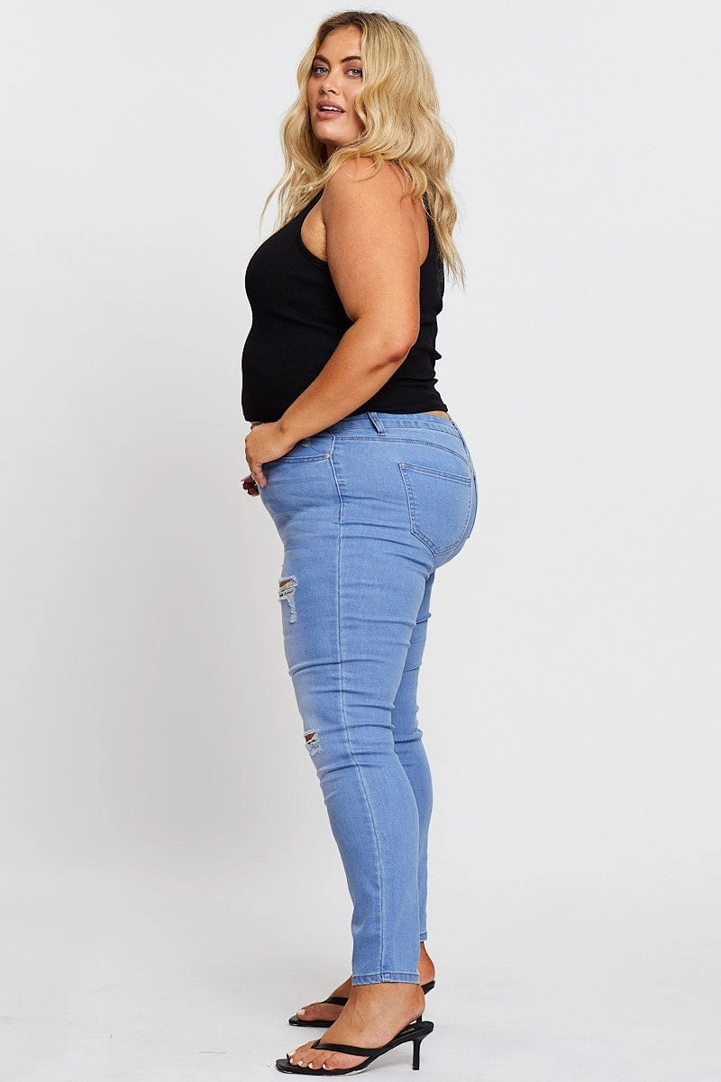 Utility Style Blue Denim Jean Mid Rise Ripped Skinny